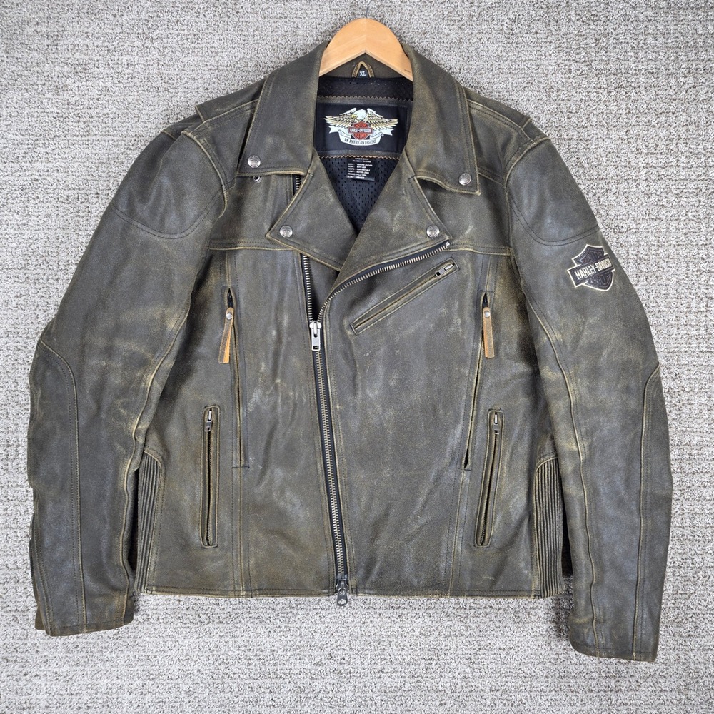 Harley Davidson Mens XL Road Dust Brown Leather Biker Jacket Heavy Billings